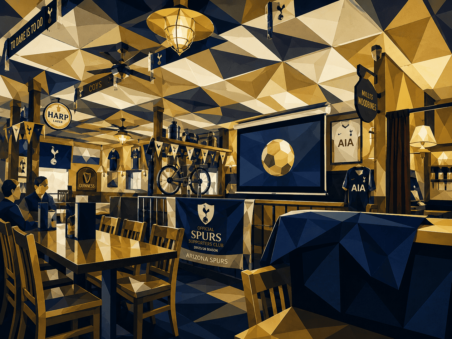 Illustrated view of Fibber Magee's Pub interior, decorated with Tottenham Hotspur scarves and jerseys